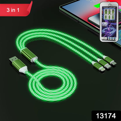 Wukusy 3-in-1 charging cable with illuminated fast charger for multiple devices, showing the cable with LED light in a close-up image.