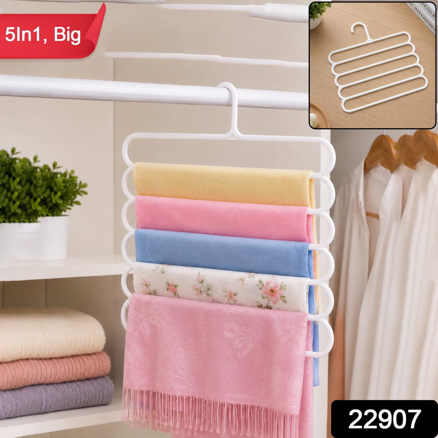 Large 5 In 1 Plastic Multipurpose Clothes Hanger For Scarves  Trousers (1 Pc)