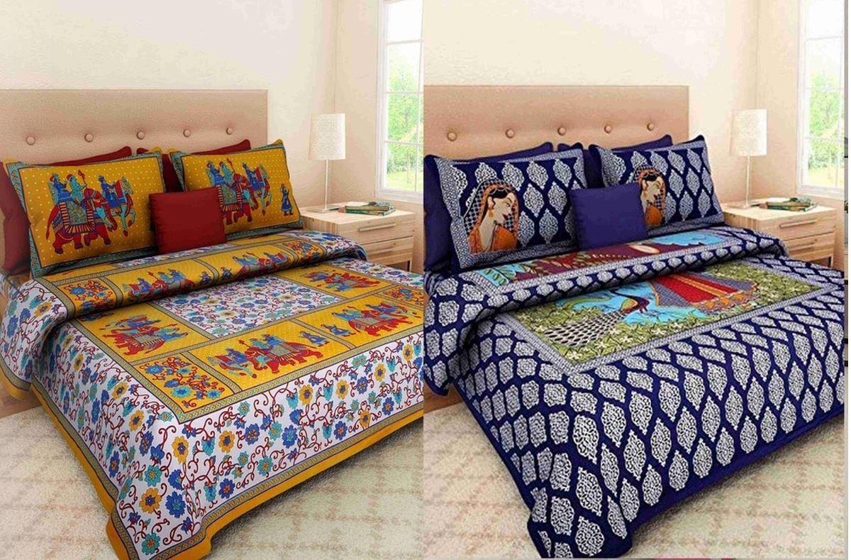 Buy 1 Get 1 Free Jaipuri printed cotton double bedsheets with vibrant traditional patterns, perfect for a cozy bedroom.