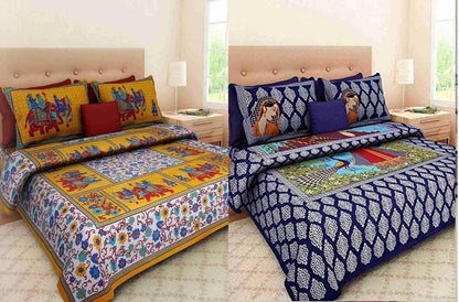 Buy 1 Get 1 Free Jaipuri printed cotton double bedsheets with vibrant traditional patterns, perfect for a cozy bedroom.