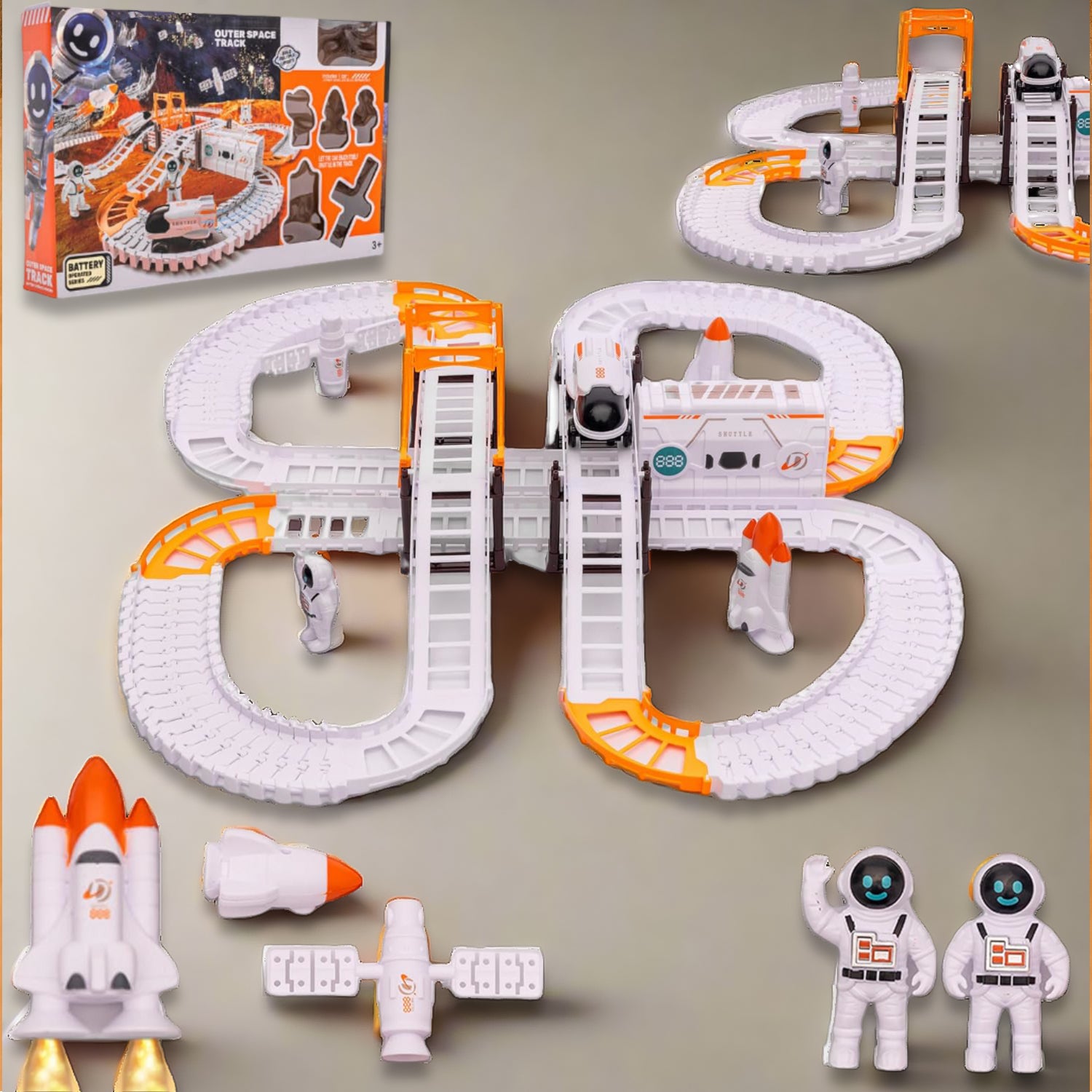 Wukusy Outer Space Race Track Set for Kids toys with colorful space-themed race cars and track pieces on a play surface