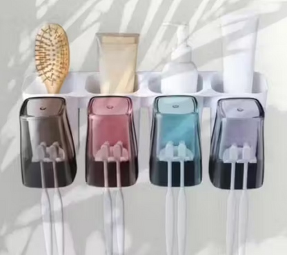 Drpshippr adhesive toothbrush holder with multiple slots for toothbrushes, toothpaste, razor, and cup in modern bathroom plastic storage rack