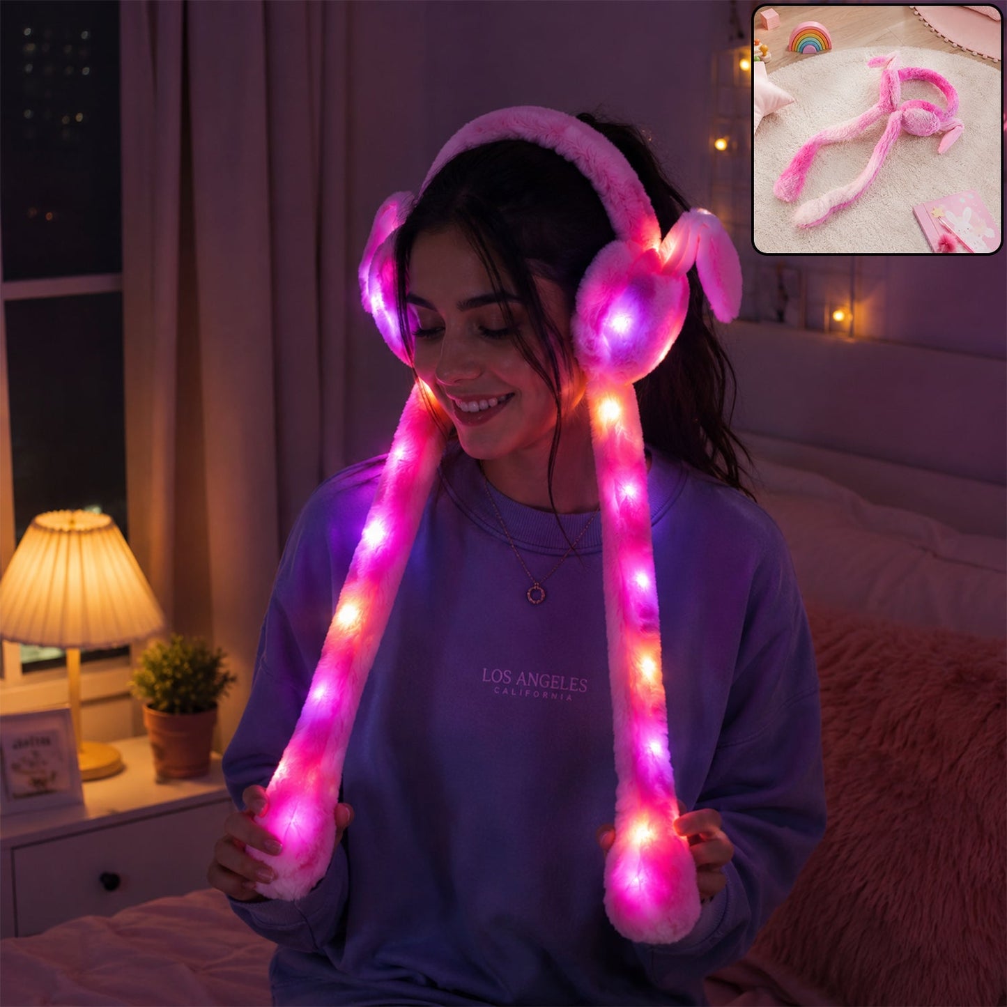 Led Light Soft Plush Winter Earmuffs With Cute Bunny Ears  Long Tails (1 Piece)