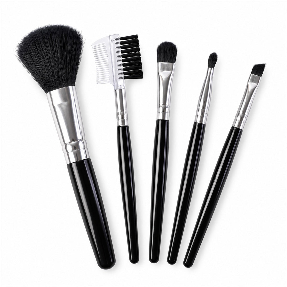 Wukusy mini makeup brush set with five compact brushes for face, eyes, eyebrows, and lips, displayed on a white background.