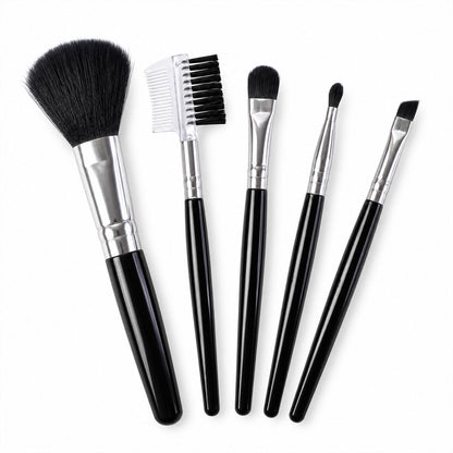 Wukusy mini makeup brush set with five compact brushes for face, eyes, eyebrows, and lips, displayed on a white background.