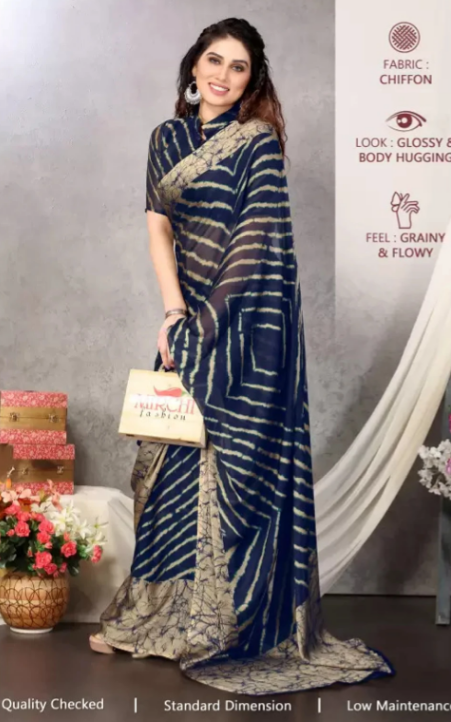 Printed, Striped Leheria Chiffon, Georgette Saree (Dark Blue)