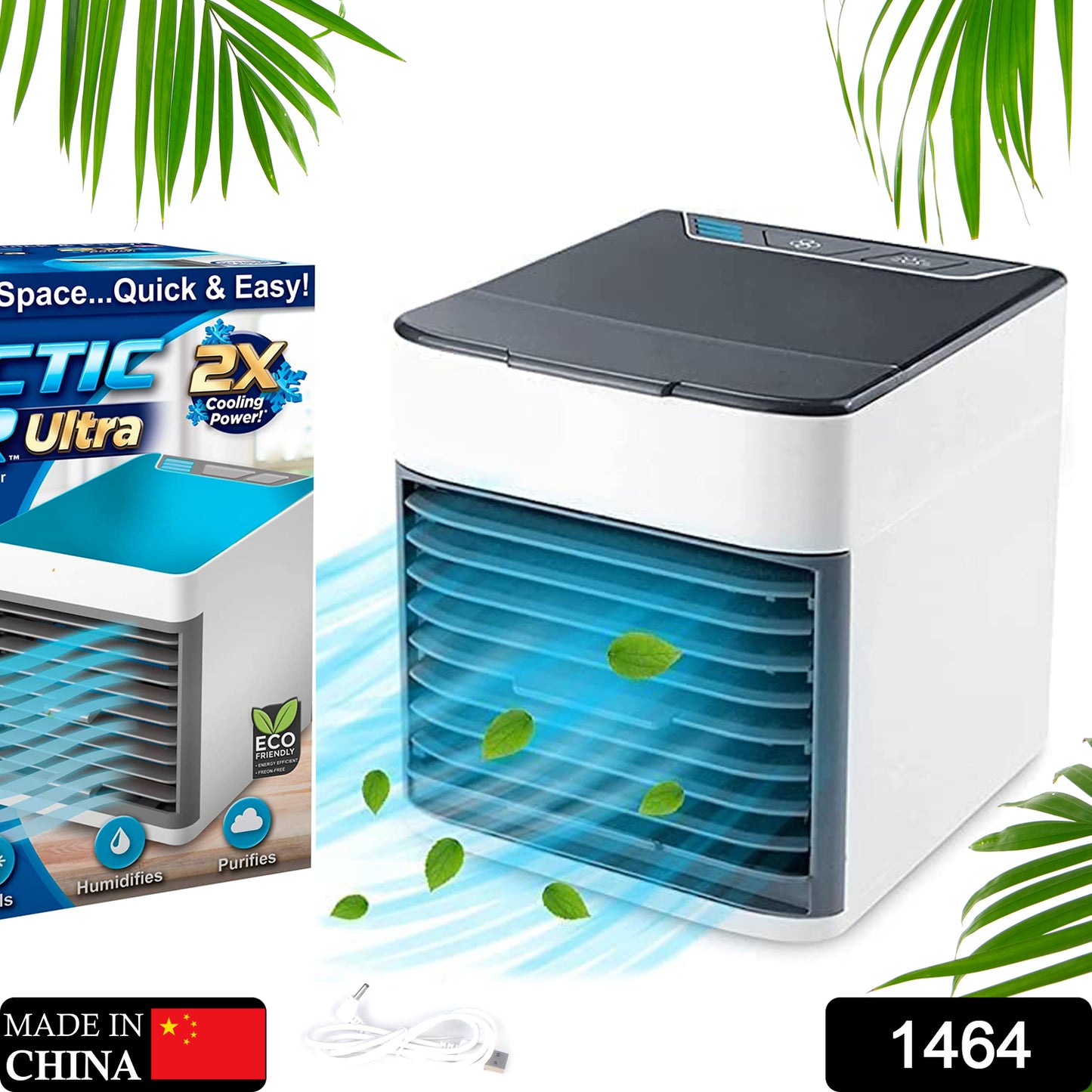Wukusy 1464 mini portable air cooler with LED light, easy water fill, compact design, ideal for home or office cooling.