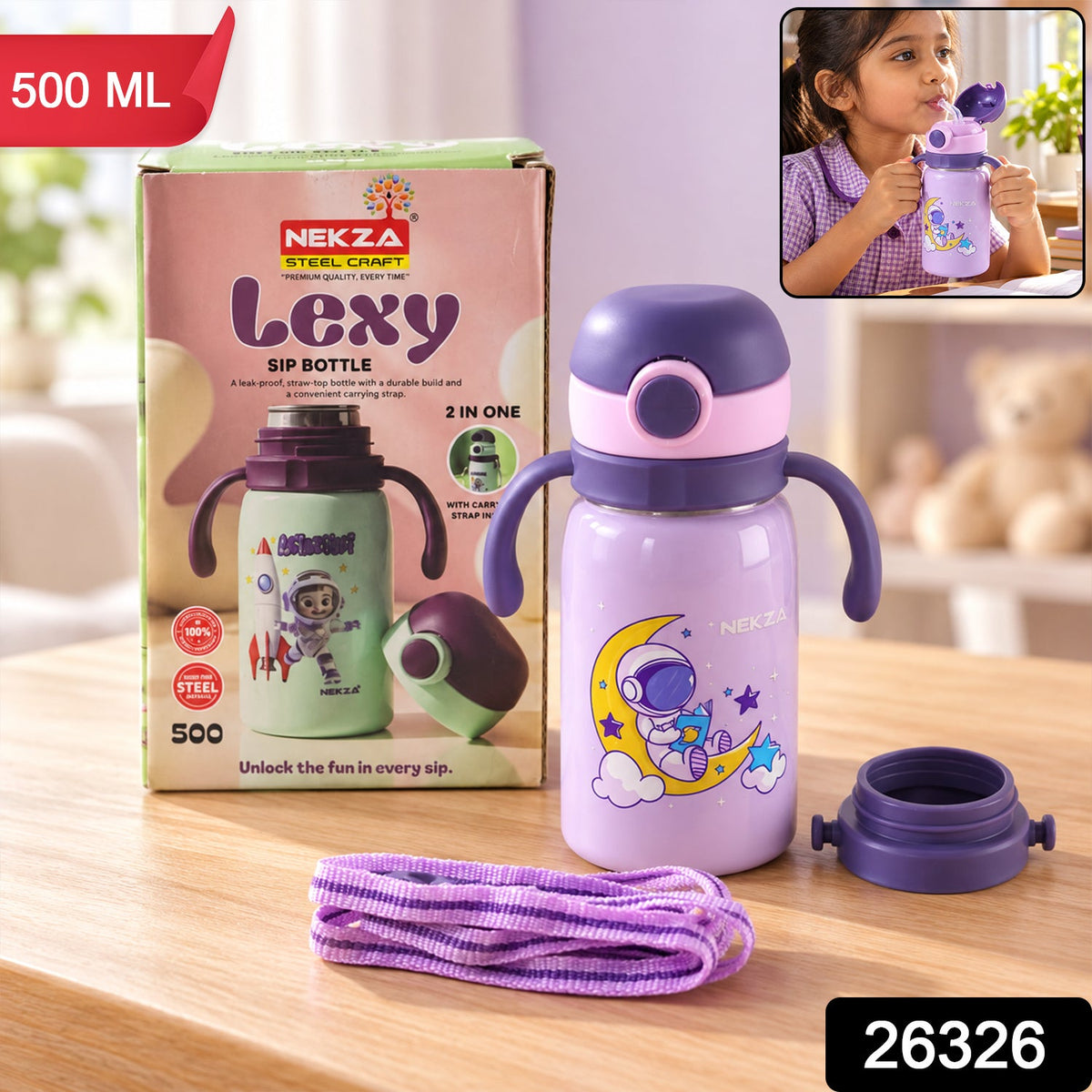 Kids stainless steel sipper water bottle with handles and strap by Wukusy, 500 ml, featuring a colorful design for children.