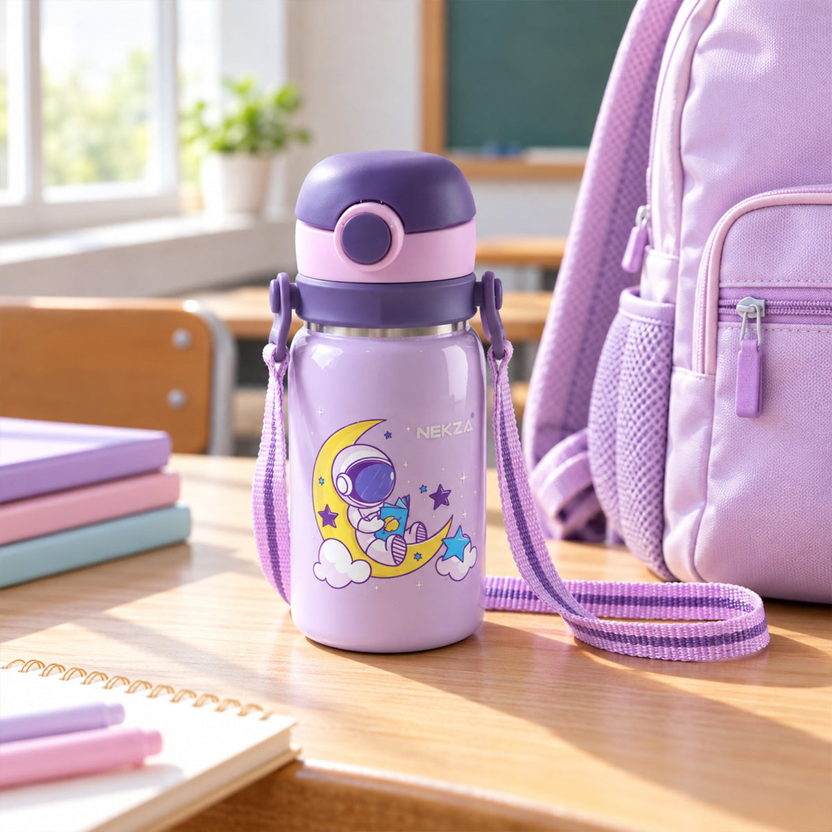 Wukusy Nekza kids stainless steel sipper water bottle with handles and strap, 500ml, shown with handles and strap for easy carrying
