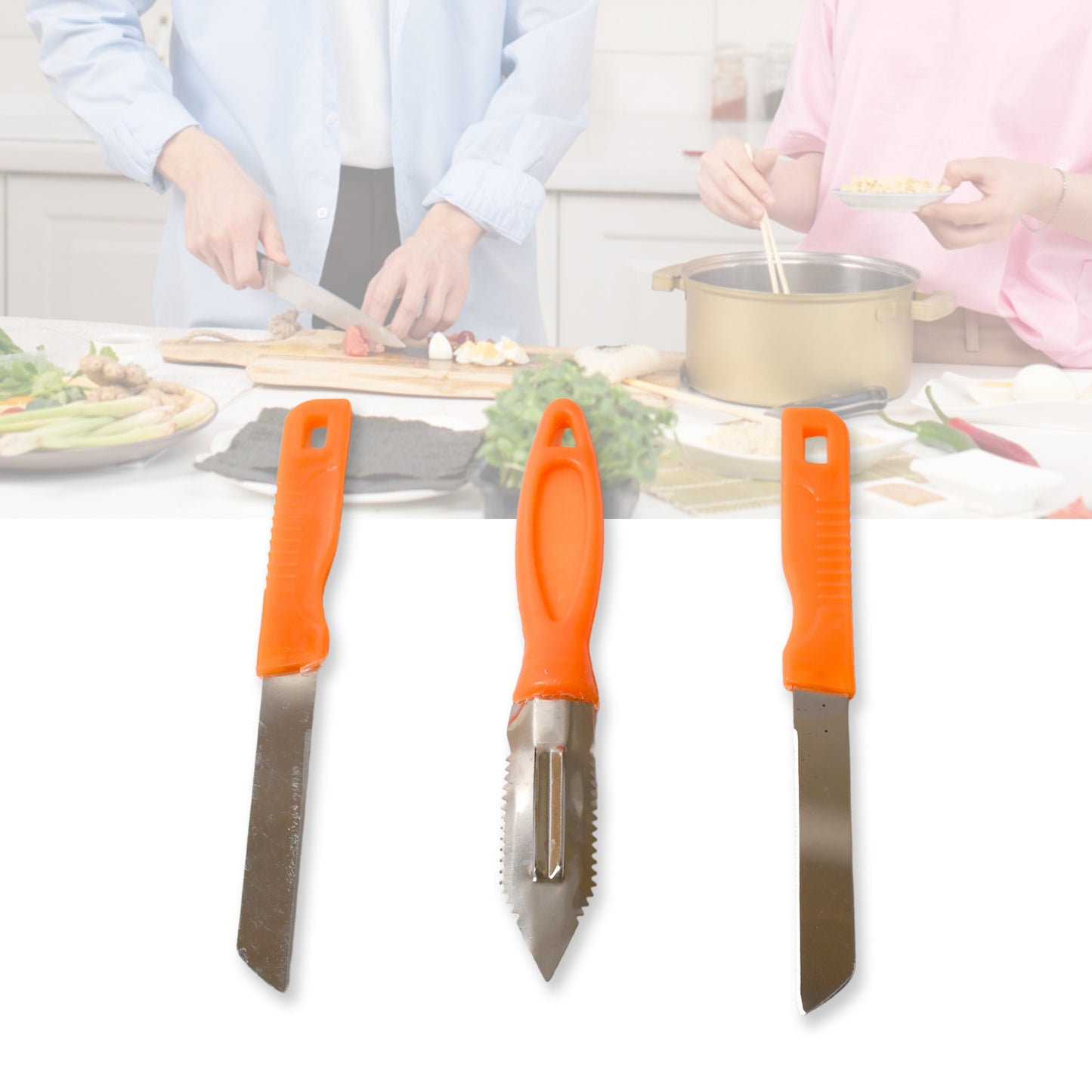 Wukusy 3-in-1 stainless steel kitchen knife set with knives for chopping, peeling, and slicing fruits and vegetables.