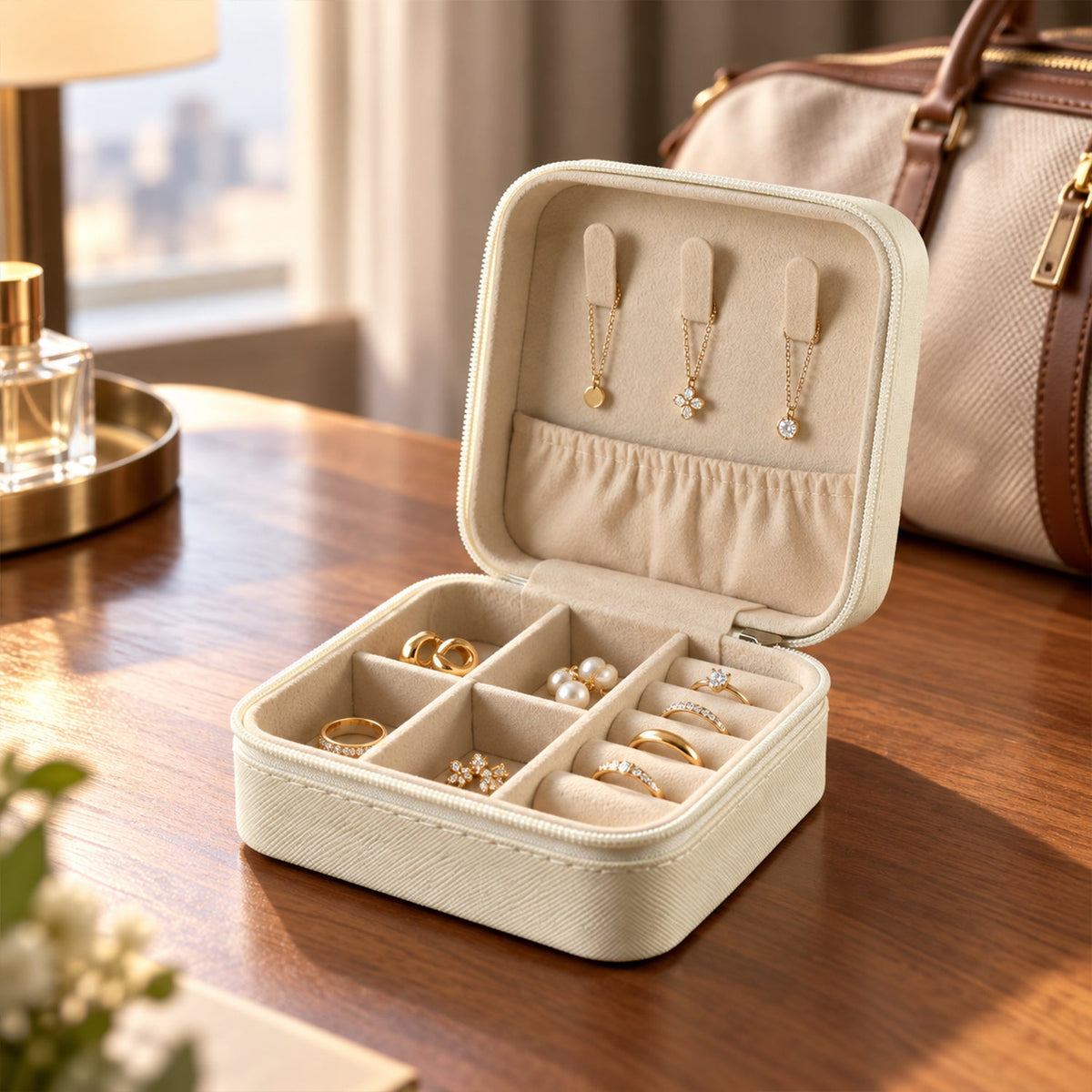 Mini Travel Jewellery Organizer Box With Ring Slots And Zip Closure (1 Pc)
