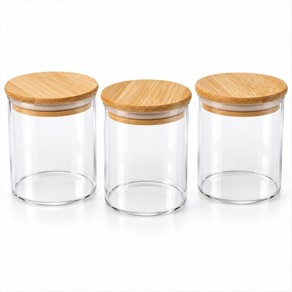 Set of three Wukusy glass storage jars with bamboo lids, ideal for kitchen organization and storing dry fruits.
