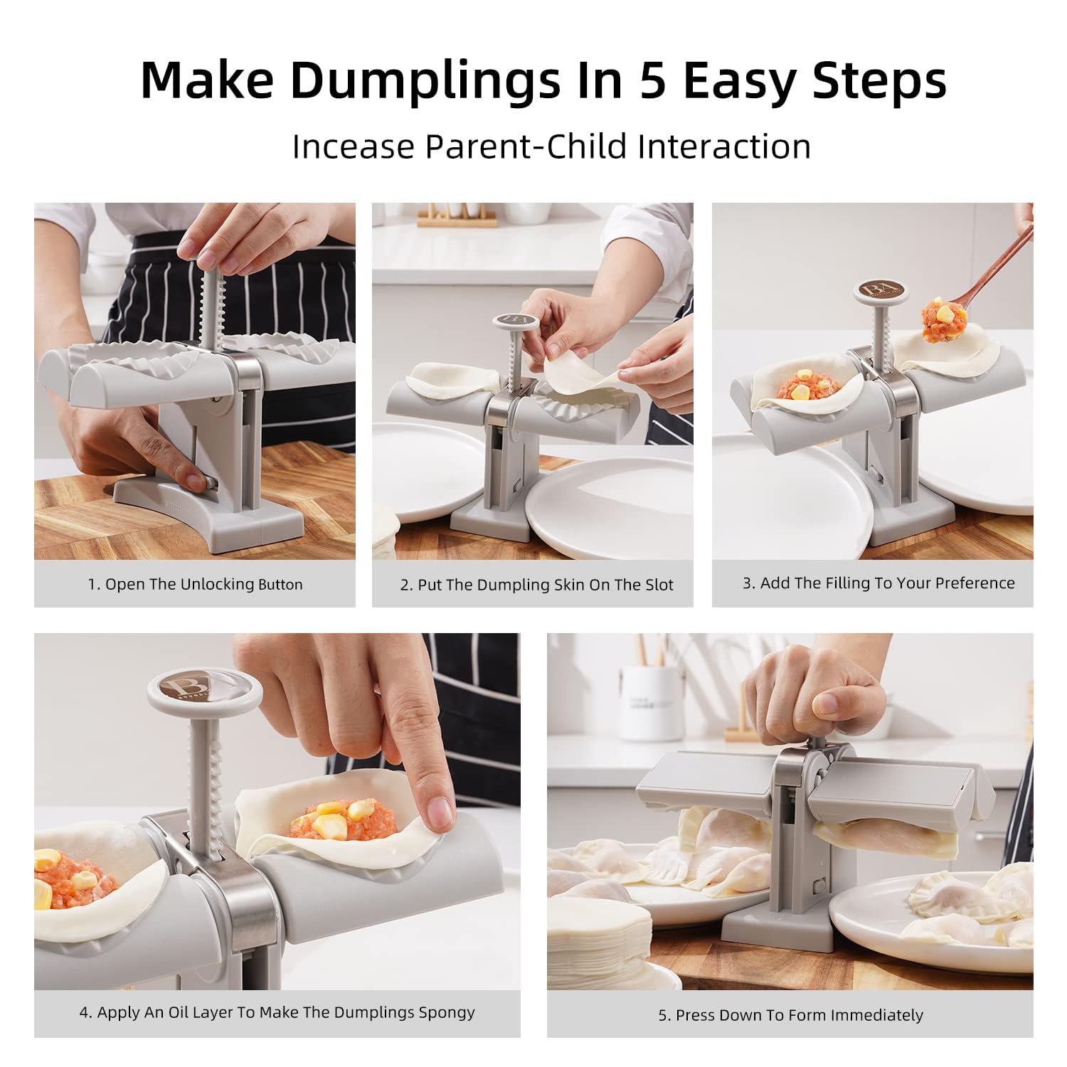 Wukusy 5300 Dumpling Maker mold with double head design for easy dumpling wrapping and shaping in kitchen.