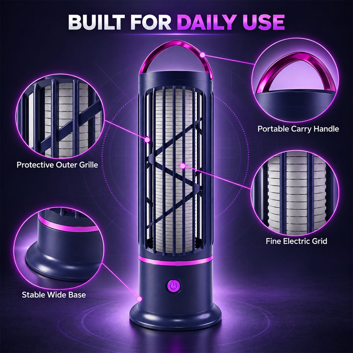 Wukusy USB-C electric mosquito killer lamp with carry handle and cleaning brush, designed to attract and eliminate mosquitoes indoors.