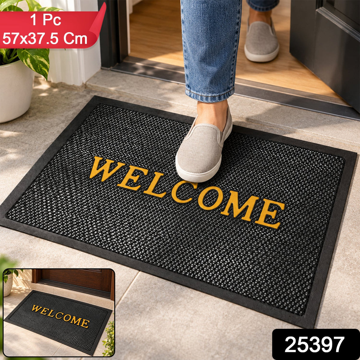 Wukusy welcome door mat with textured mesh design, 57x37.5 cm, placed at home entrance for dirt and moisture removal