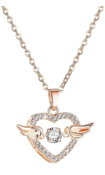 Rose gold stainless steel chain pendant with flying feather and heart design, adorned with cubic zirconia, for women and girls.