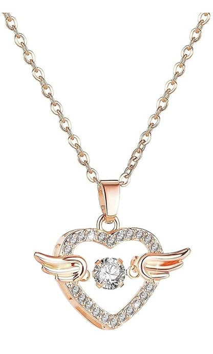 Rose gold stainless steel chain pendant with flying feather and heart design, adorned with cubic zirconia, for women and girls.