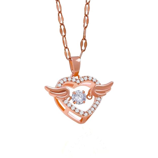 Rose gold stainless steel pendant necklace for women featuring a flying feather heart design with cubic zirconia accents.
