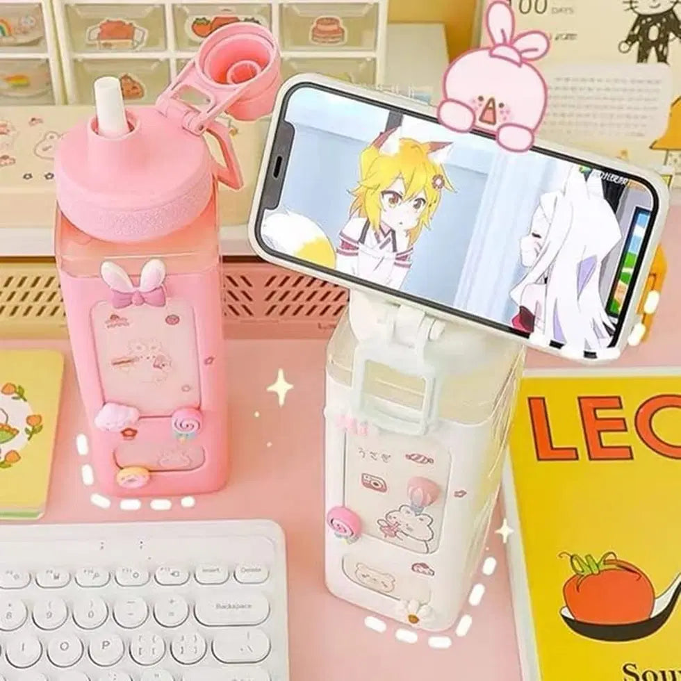 Kawaii 700 ml water bottle by 38011 with lid and straw, shown upright