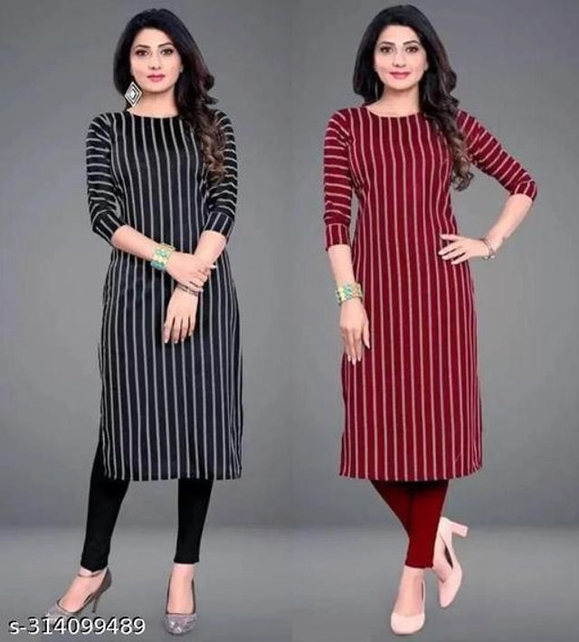 Black and red striped crepe kurti for women, size small, from 1457, shown with a traditional fit and pattern.