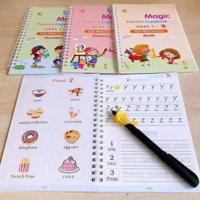 Magic Practice Copybook set by 4485, includes 4 books and 10 refills, featuring colorful magic-themed pages for kids' practice.