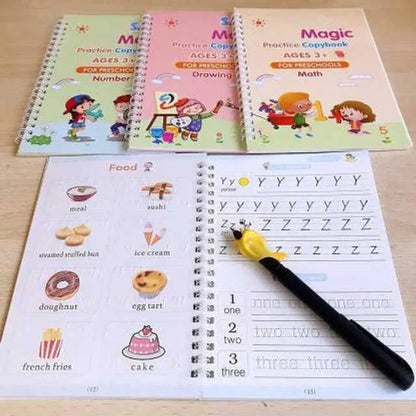 Magic Practice Copybook set by 4485, includes 4 books and 10 refills, featuring colorful magic-themed pages for kids' practice.