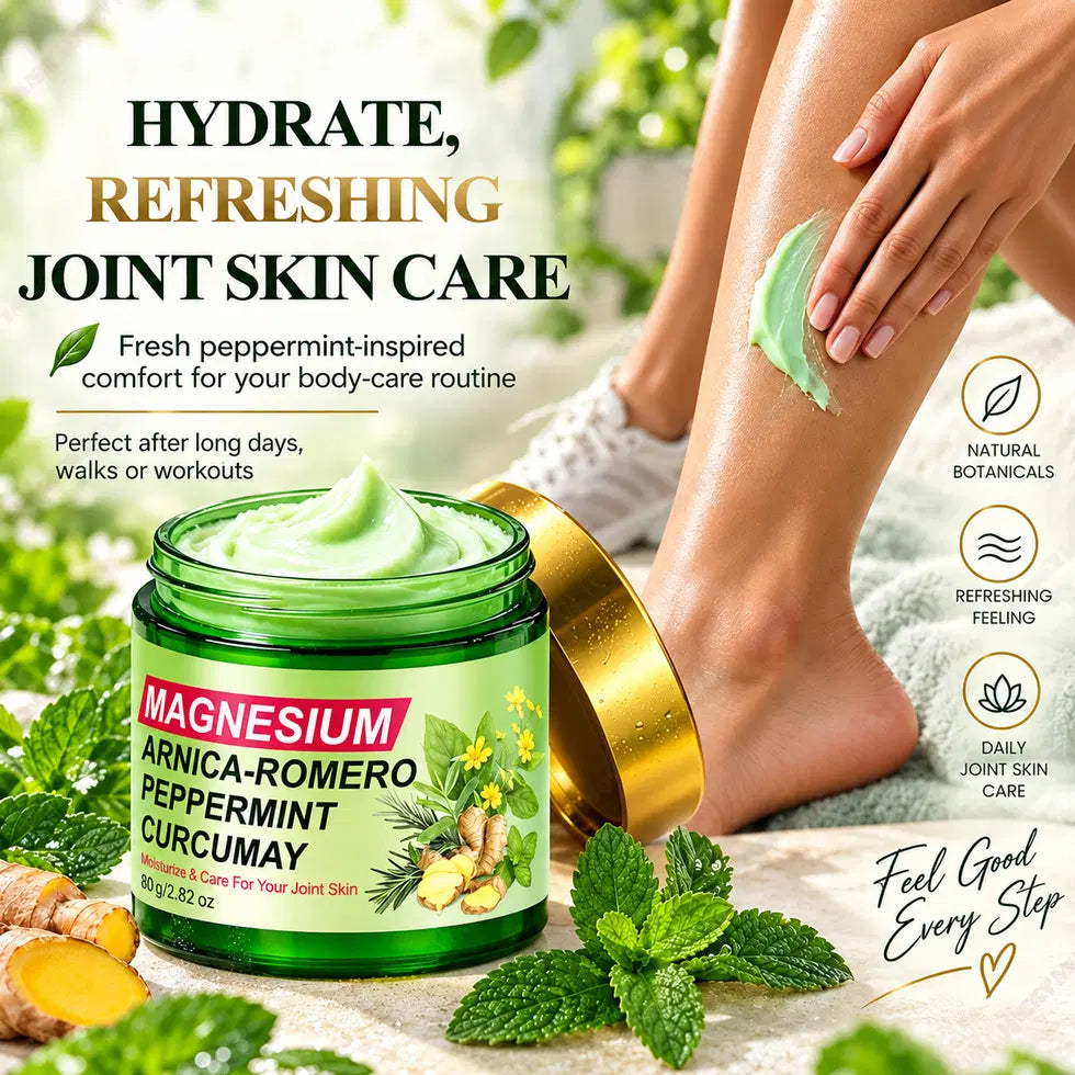 Two tubes of 35912 magnesium massage cream for joint, skin, and muscle care, with a smooth cream texture and white packaging.