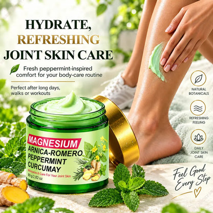 Two tubes of 35912 magnesium massage cream for joint, skin, and muscle care, with a smooth cream texture and white packaging.
