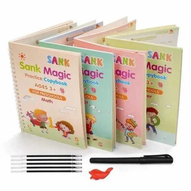 Magic Practice Copybook set with four books and ten refills from 4485 Magic Kits, featuring colorful pages and practice writing scenes.