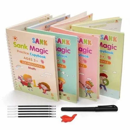 Magic Practice Copybook set with four books and ten refills from 4485 Magic Kits, featuring colorful pages and practice writing scenes.