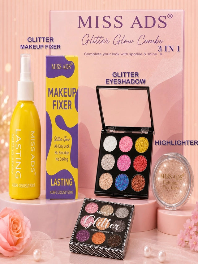 Miss ADS makeup fixer, highlighter, and glitter eyeshadow set in skin care combo, featuring vibrant cosmetics and shimmering finishes.