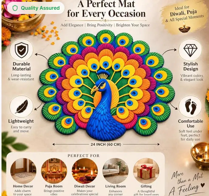 Colorful 3D peacock bathroom mat with non-slip surface, 30x31 inches, by 35561, featuring vibrant peacock feather design.