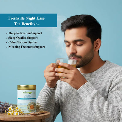 Freshville Night Ease herbal tea in a ceramic tea pot, showcasing the herbal tea's packaging and brewing process.