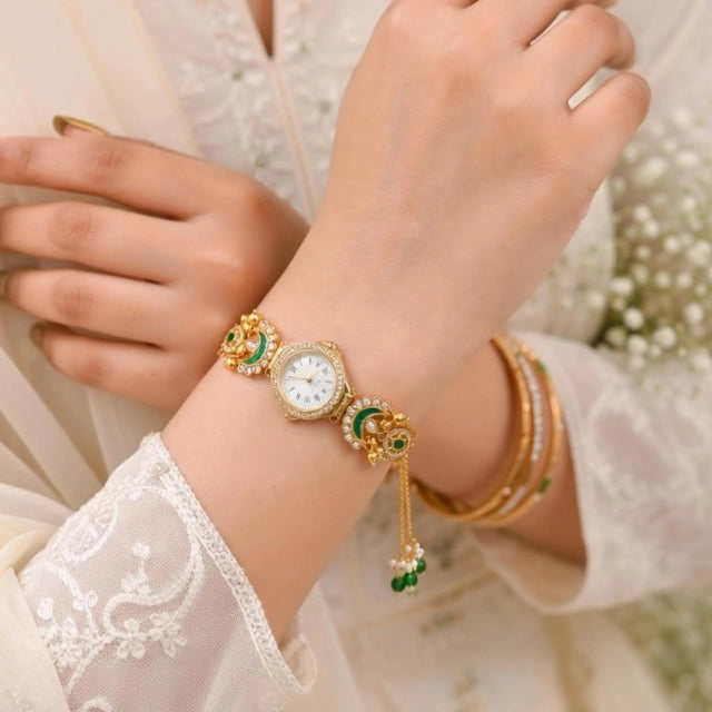 Women’s boho statement jewelry watch with vintage gold plating, tassel bracelet, ethnic style, and stylish accessory design.