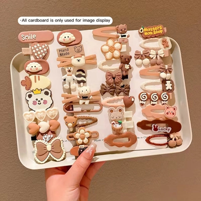 Blubby 14 Pcs Cute Cartoon Hair Clips Set for Girls & Kids Hair Pin (Brown)