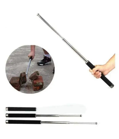 Foldable personal stick security multitool walking cane with comfortable grip for men and women, shown with carrying bag.