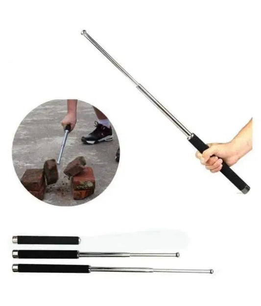 Foldable personal stick security multitool walking cane with comfortable grip for men and women, shown with carrying bag.