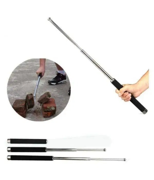Foldable personal stick security multitool with comfortable grip, suitable for men and women, featuring a built-in bag for easy carrying.