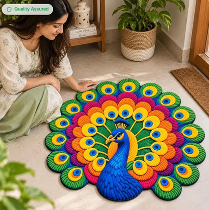 Colorful 3D peacock bathroom mat in non-slip design, 30x31 inches, featuring vibrant peacock feather patterns on a place mat.