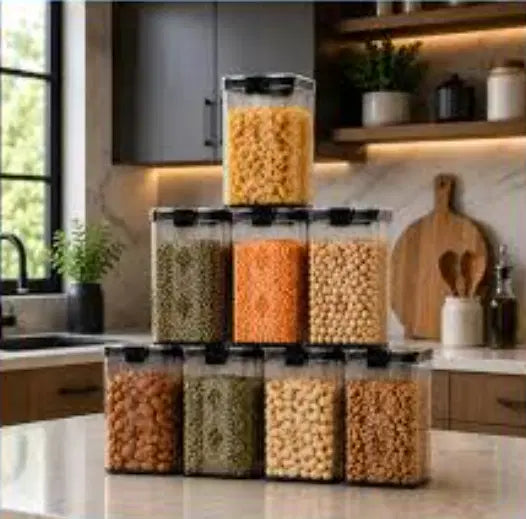 Set of 8 unbreakable 1100 ML airtight kitchen storage containers by 16699, clear plastic jars with secure lids for pantry organization.