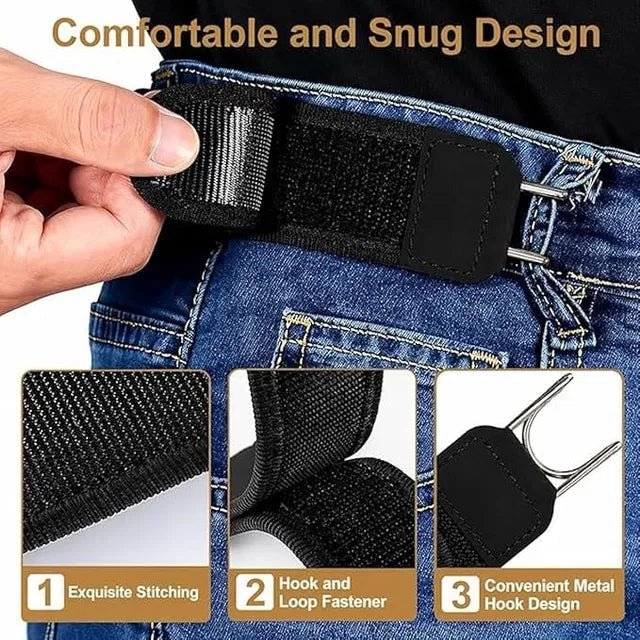 Unisex tactical metal buckleless belt hook with elastic strap, designed for men's belts, featuring durable metal construction.