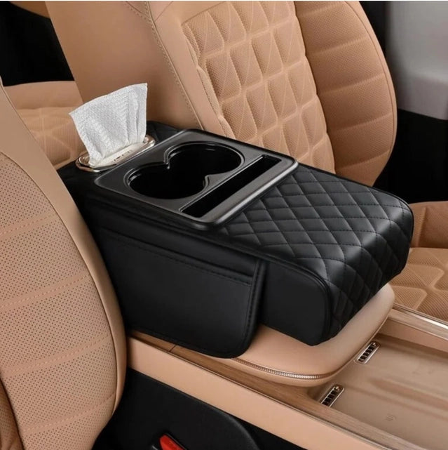 Car armrest cushion with built-in mobile holder, black, ergonomic design for comfortable driving and convenient phone storage.