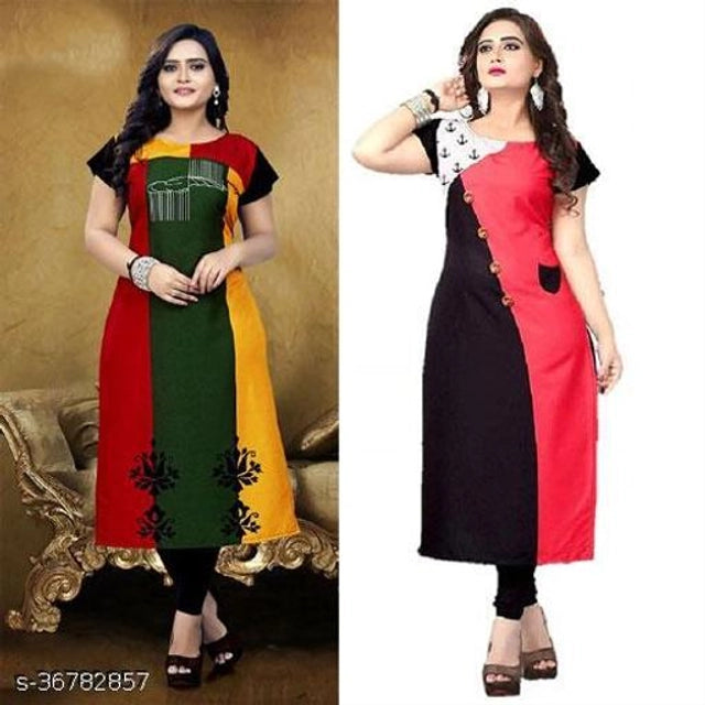 Pack of two crepe printed kurtis for women in green and pink, showcasing stylish designs from brand 1457.