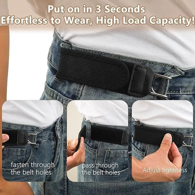 Unisex tactical metal buckleless belt hook with elastic strap, designed for men's belts, featuring durable construction and versatile style.