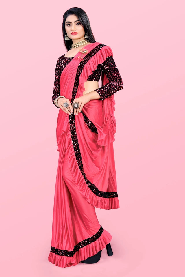 Lycra Blend Solid Saree for Women (Maroon, 6.3 m)