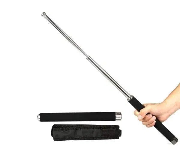Foldable personal stick security multitool walking stick with comfortable grip, suitable for men and women, with attached carrying bag.