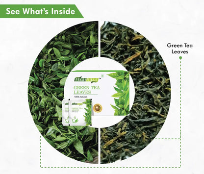 Freshville green tea bag placed inside a classic ceramic tea pot for brewing, with fresh green tea leaves visible.
