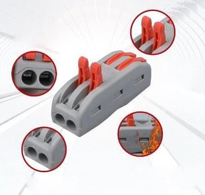 Pack of three reusable quick fast electrical wire cable connectors terminal blocks by 19378, showing metal contacts and plastic housings.