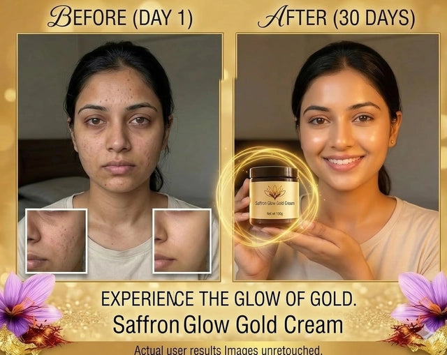 Two jars of Saffron Glow Gold Cream from 35874, featuring golden-colored cream in clear containers with gold lids.