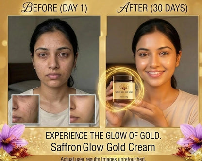 Two jars of Saffron Glow Gold Cream from 35874, featuring golden-colored cream in clear containers with gold lids.